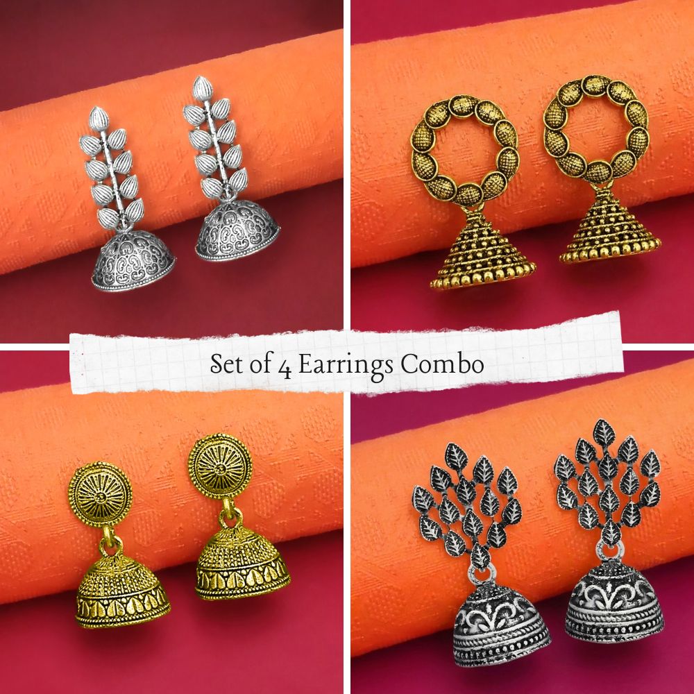 JewelMaze Set of 4 Oxidised Gold & Silver Plated Earrings Combo
