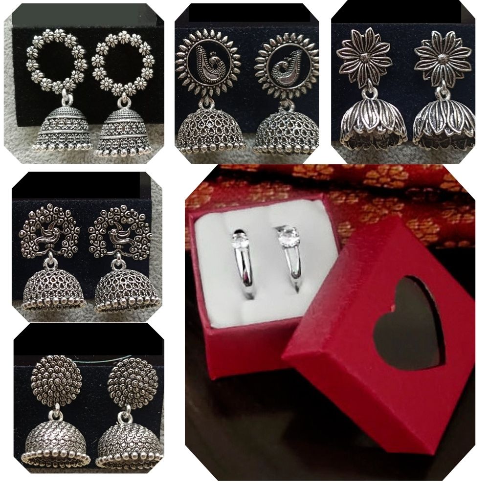 JewelMaze Set of 5 Earrings + 2 Rings Combo - 1005190
