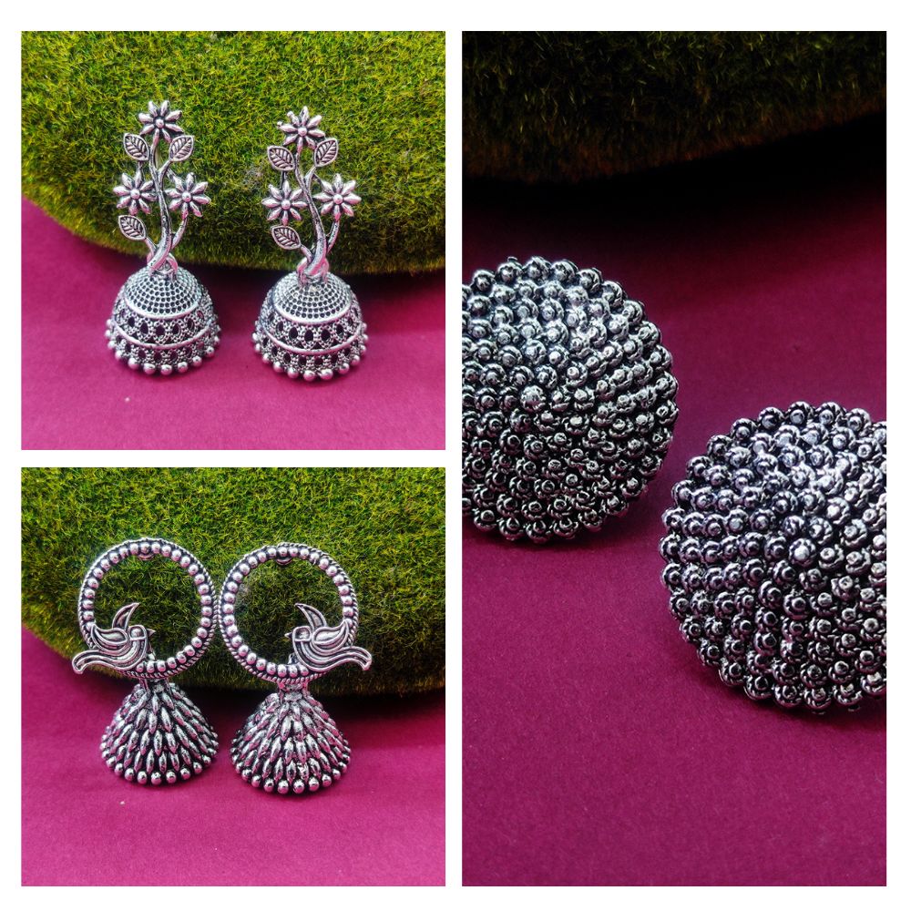 JewelMaze Pack Of 3 Oxidised Plated Earrings Combo