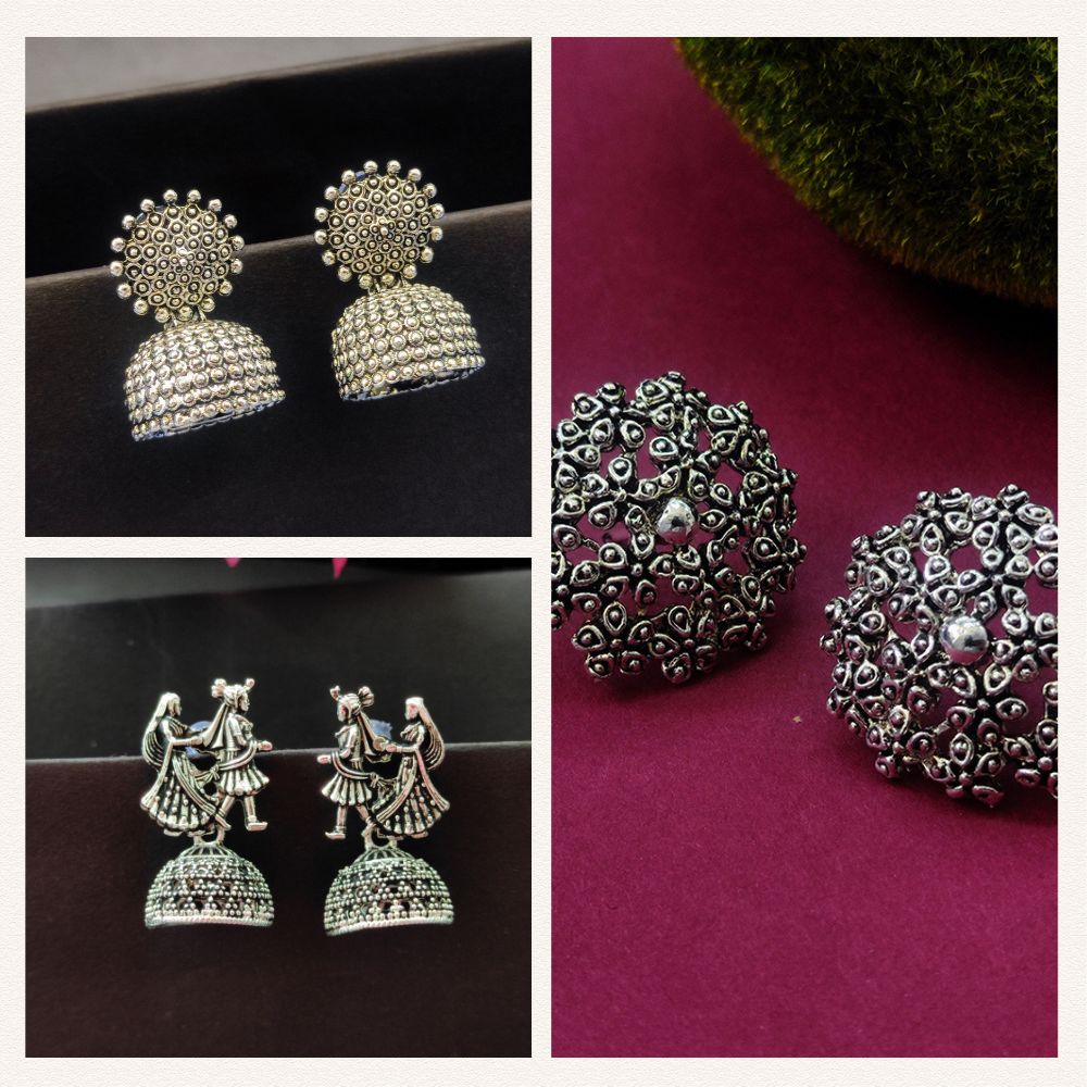 JewelMaze Pack Of 3 Oxidised Plated Earrings Combo