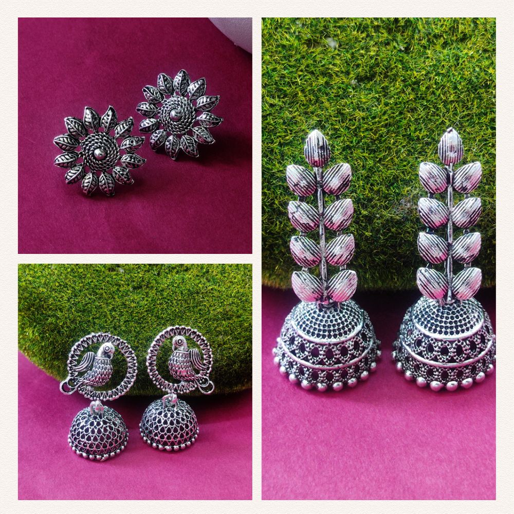 JewelMaze Pack Of 3 Oxidised Plated Earrings Combo