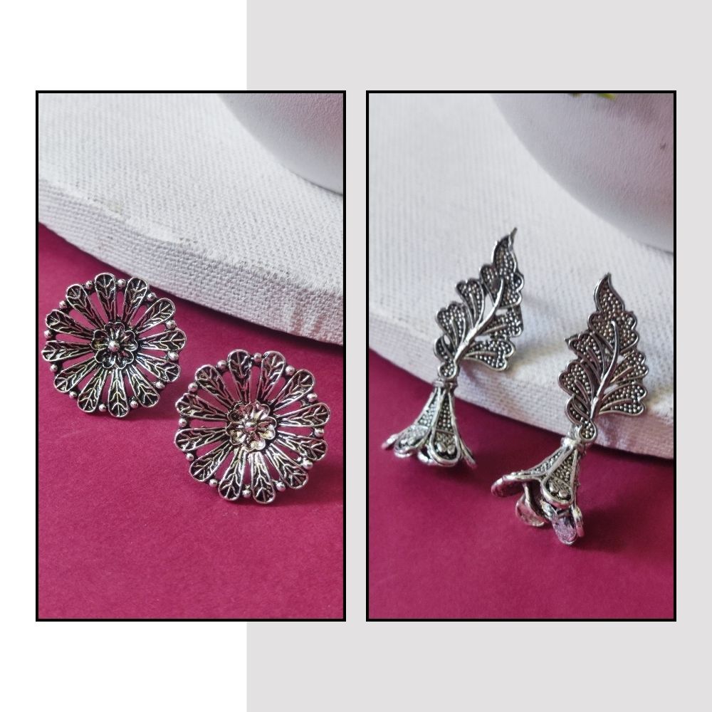 JewelMaze Pack Of 2 Oxidised Plated Earrings Combo - 1005267