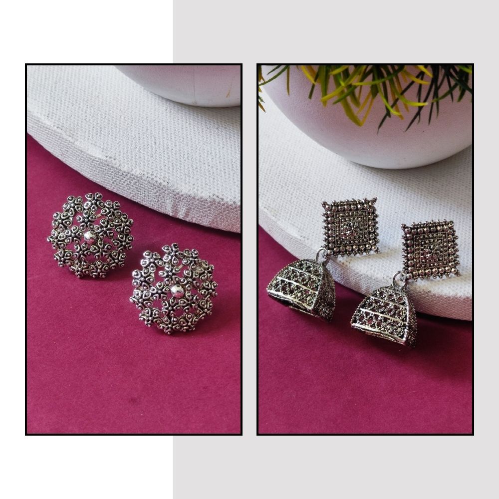 JewelMaze Pack Of 2 Oxidised Plated Earrings Combo - 1005267