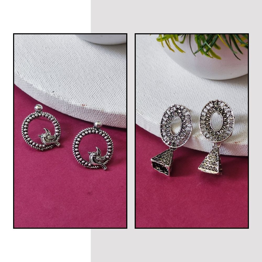 JewelMaze Pack Of 2 Oxidised Plated Earrings Combo - 1005267
