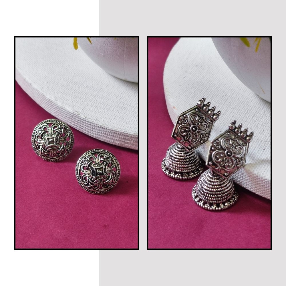 JewelMaze Pack Of 2 Oxidised Plated Earrings Combo - 1005267