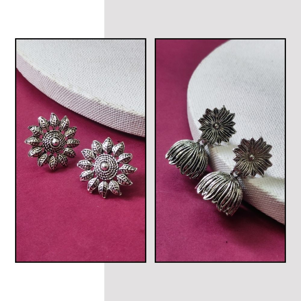 JewelMaze Pack Of 2 Oxidised Plated Earrings Combo - 1005267