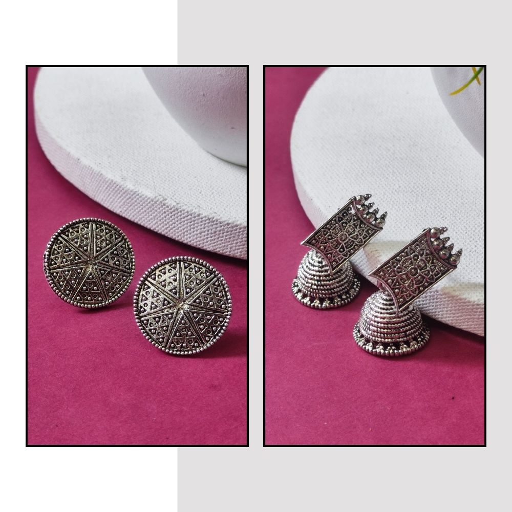 JewelMaze Pack Of 2 Oxidised Plated Earrings Combo - 1005267