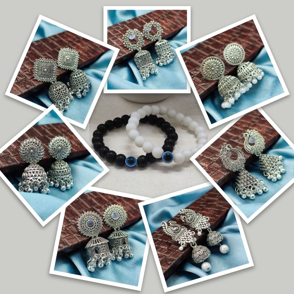 JewelMaze Set of 7 Oxidised Earrings Combo With 2 Bracelet - 1005301