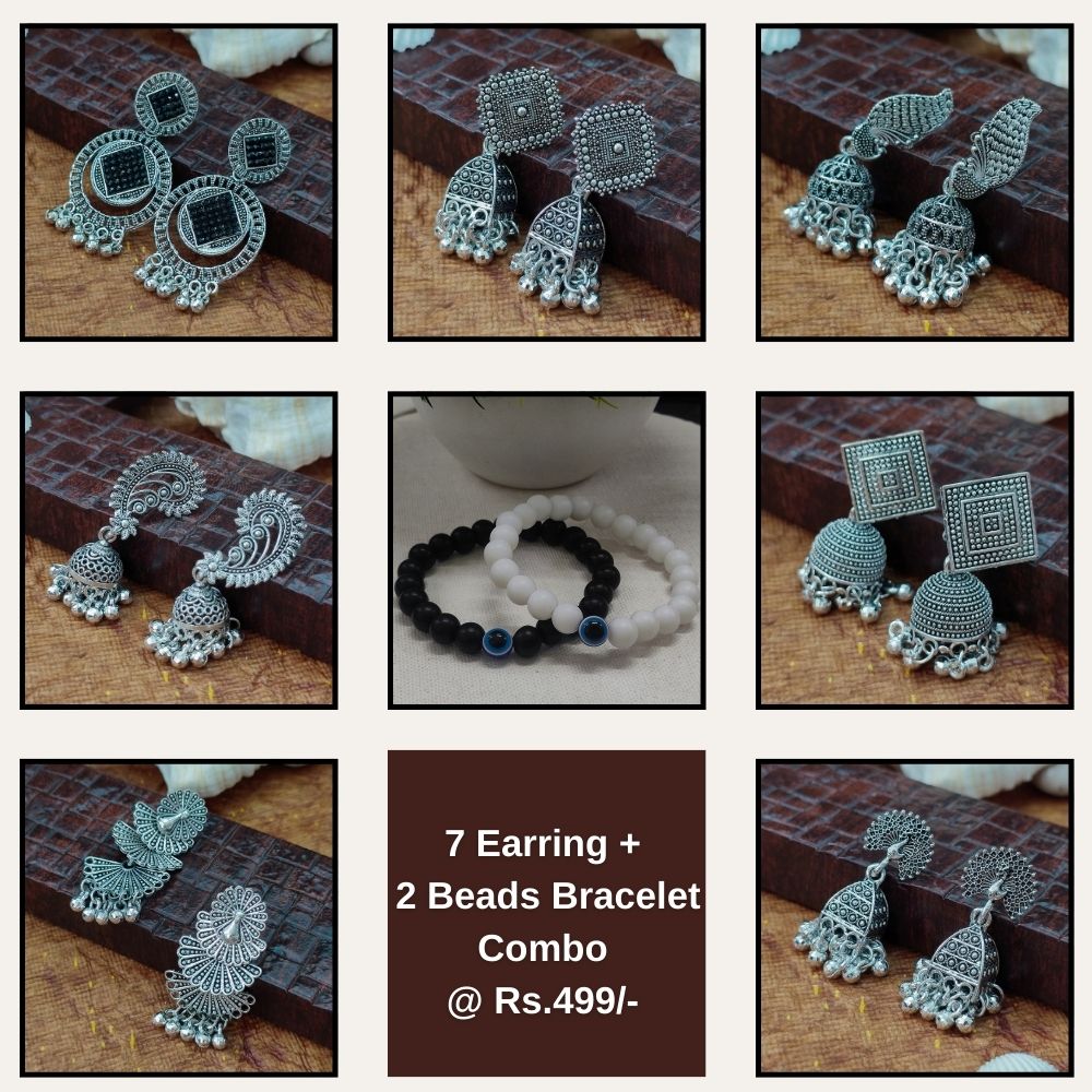 JewelMaze Set of 7 Oxidised Earrings Combo With 2 Bracelet - 1005300