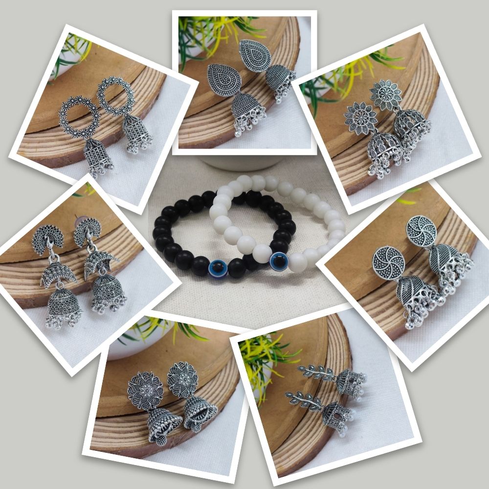 JewelMaze Set of 7 Oxidised Earrings Combo With 2 Bracelet - 1005300