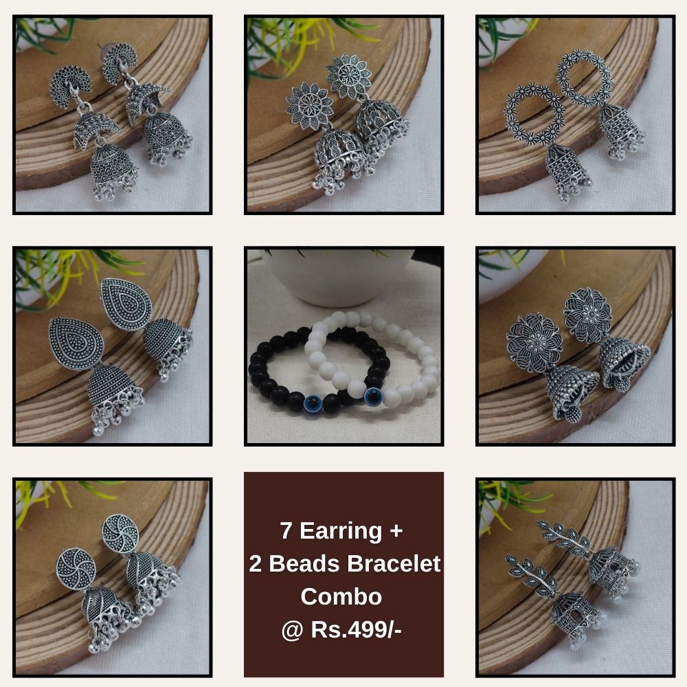 JewelMaze Set of 7 Oxidised Earrings Combo With 2 Bracelet - 1005301