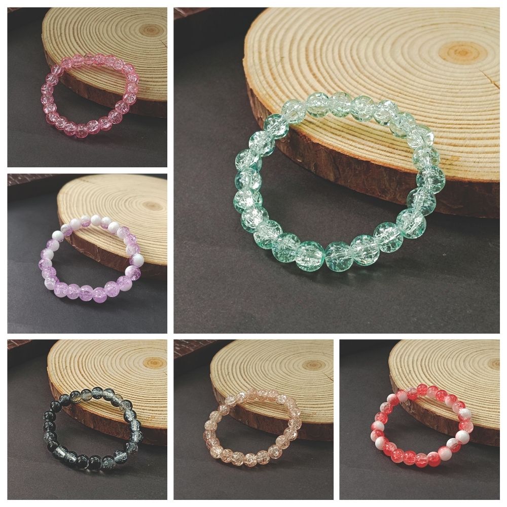 JewelMaze Pack Of 6 Crystal Crackle Glass Beads Bracelet Combo - 1005302