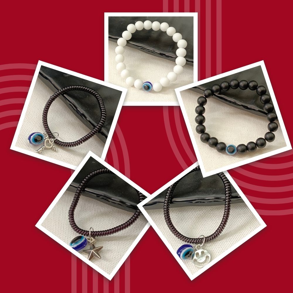 JewelMaze Pack Of 5 Evil Eye Beads Bracelet Combo ( Assorted Charms )