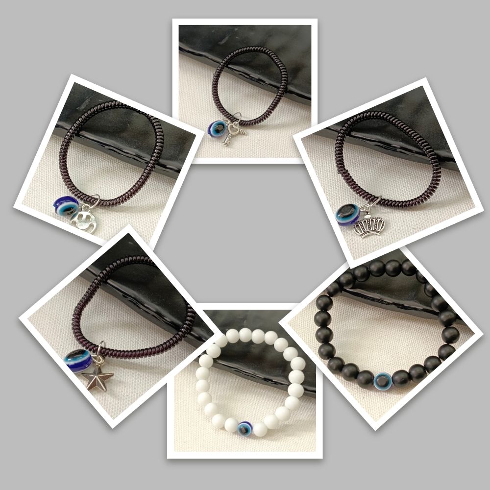 JewelMaze Pack Of 5 Evil Eye Beads Bracelet Combo ( Assorted Charms )