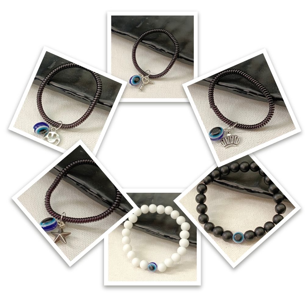 JewelMaze Pack Of 5 Evil Eye Beads Bracelet Combo ( Assorted Charms )