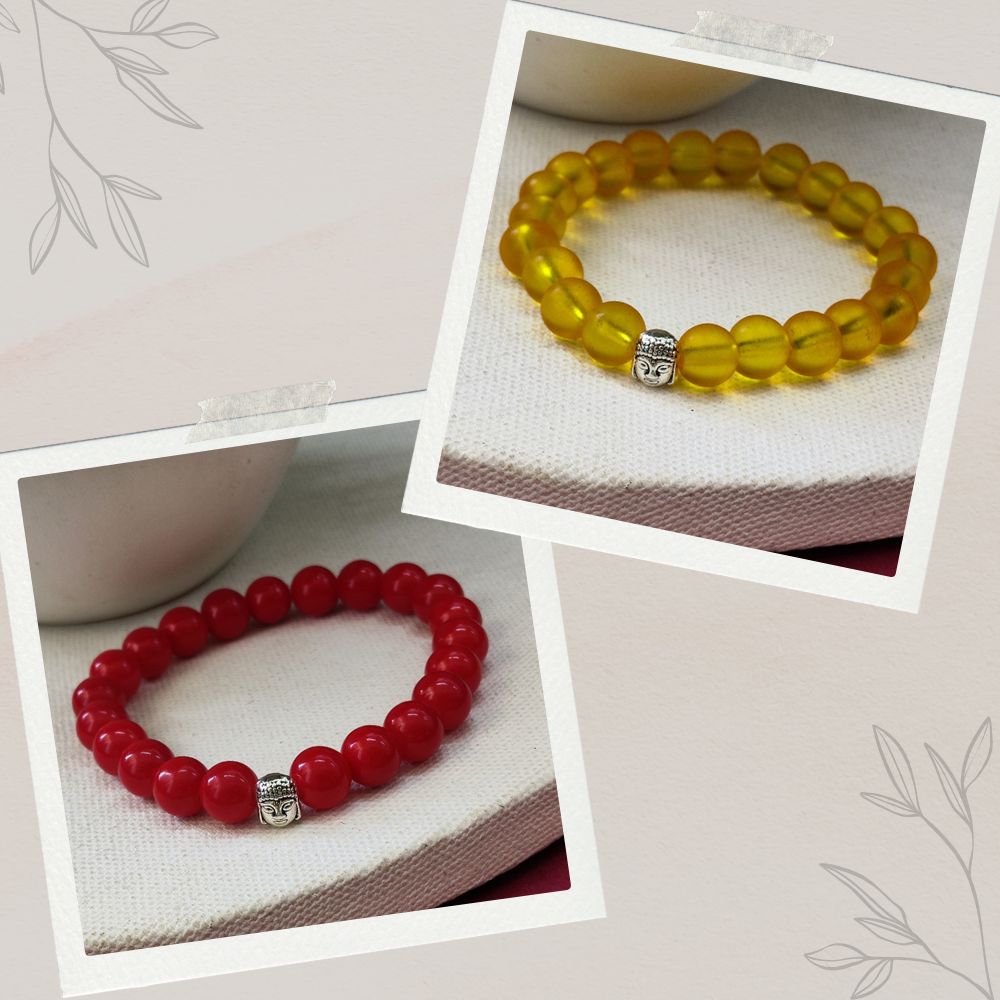 JewelMaze Red & Yellow With Buddha Beads Bracelet Combo- 1005316