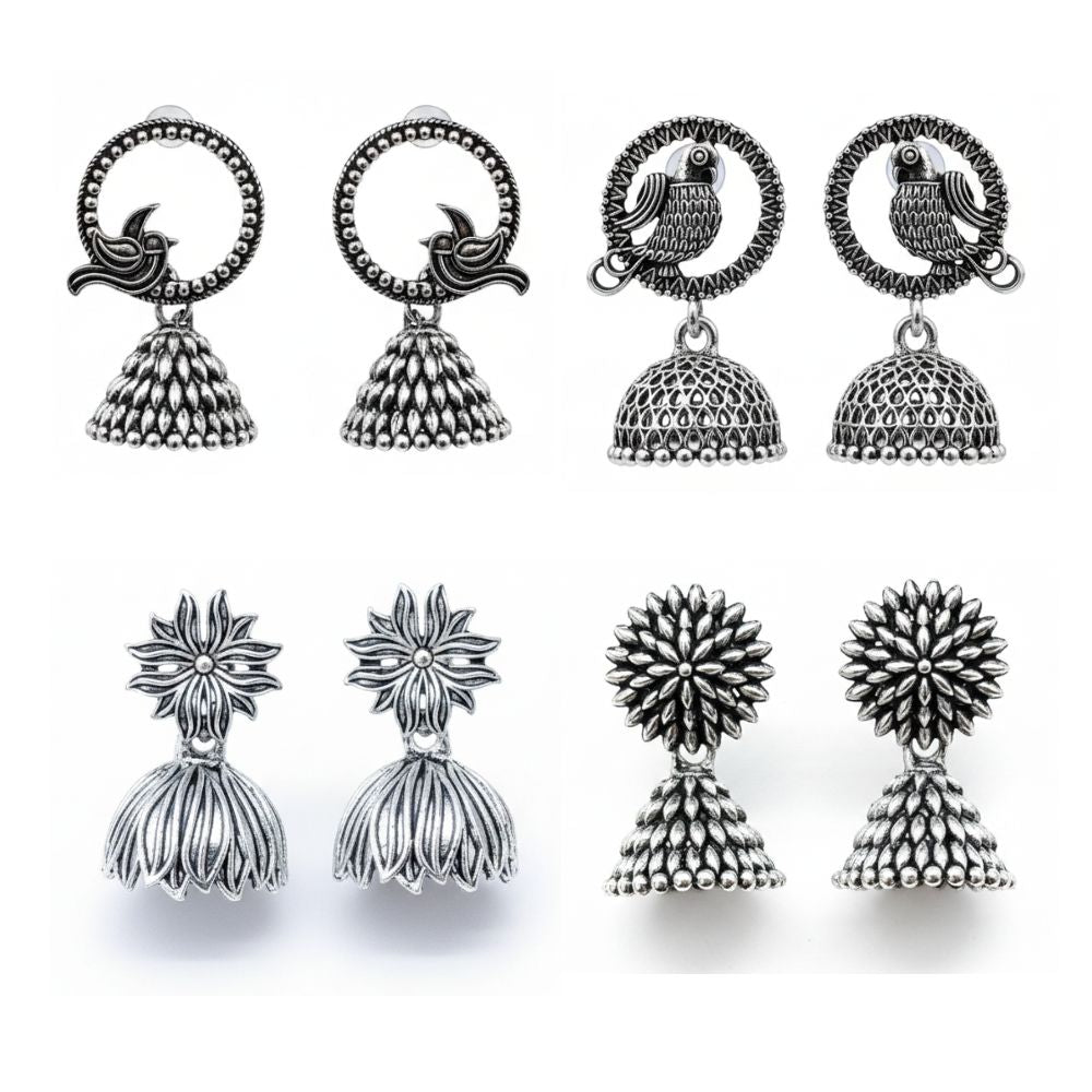 JewelMaze Set of 4 Oxidised Jhumki Earrings Combo