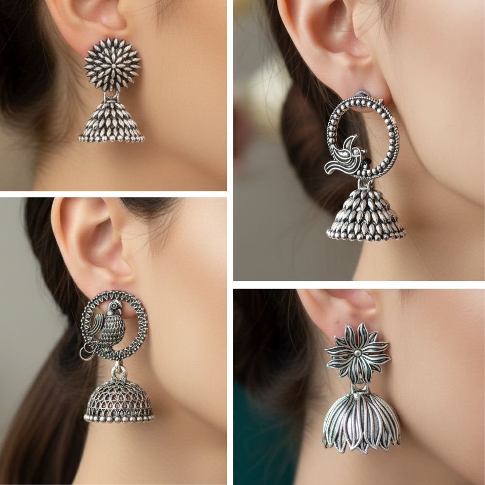 JewelMaze Set of 4 Oxidised Jhumki Earrings Combo