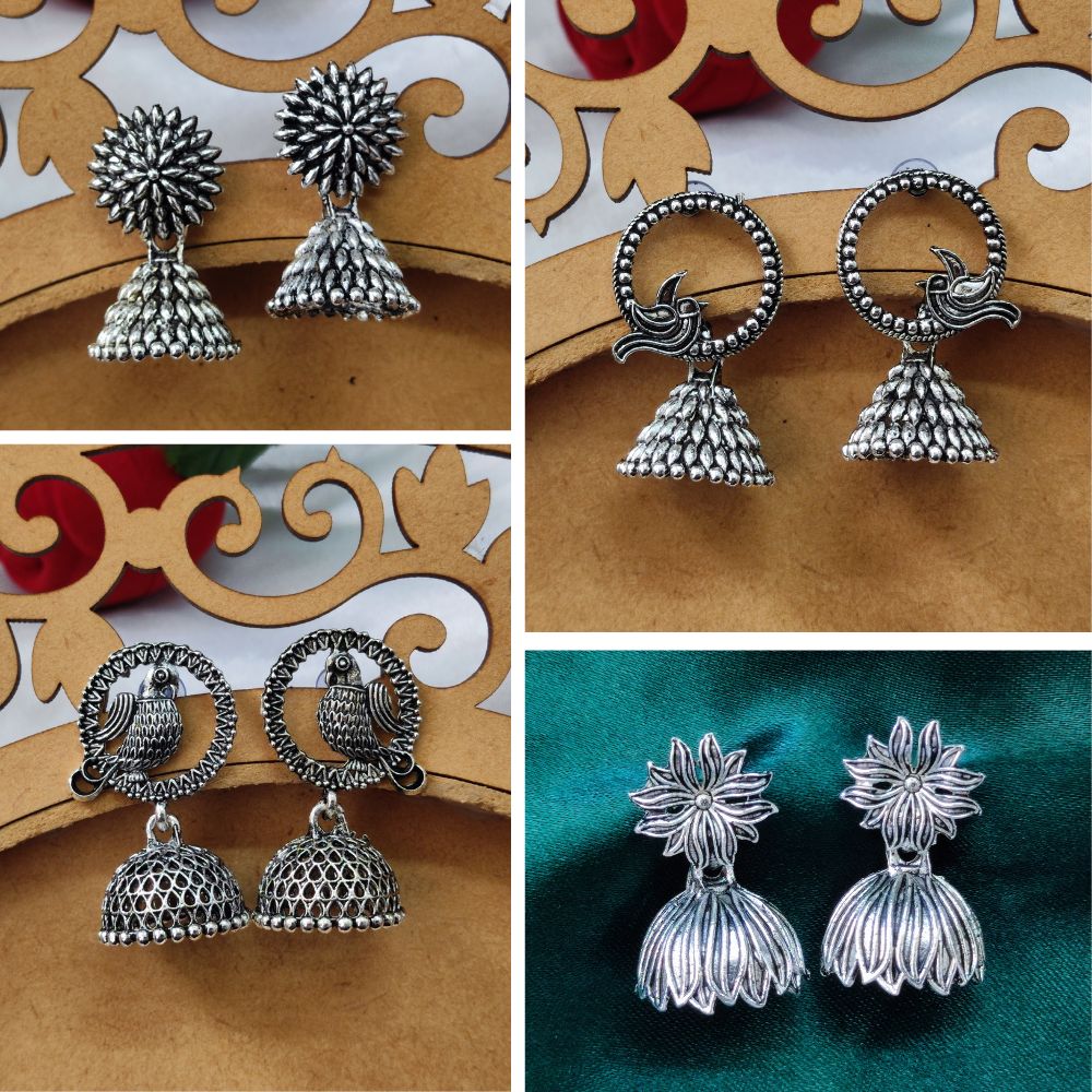 JewelMaze Set of 4 Oxidised Jhumki Earrings Combo