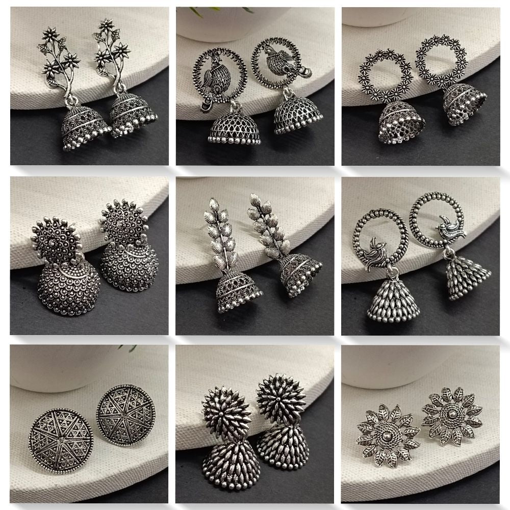 JewelMaze Set of 9 Oxidised Earrings Combo With Tree Stand