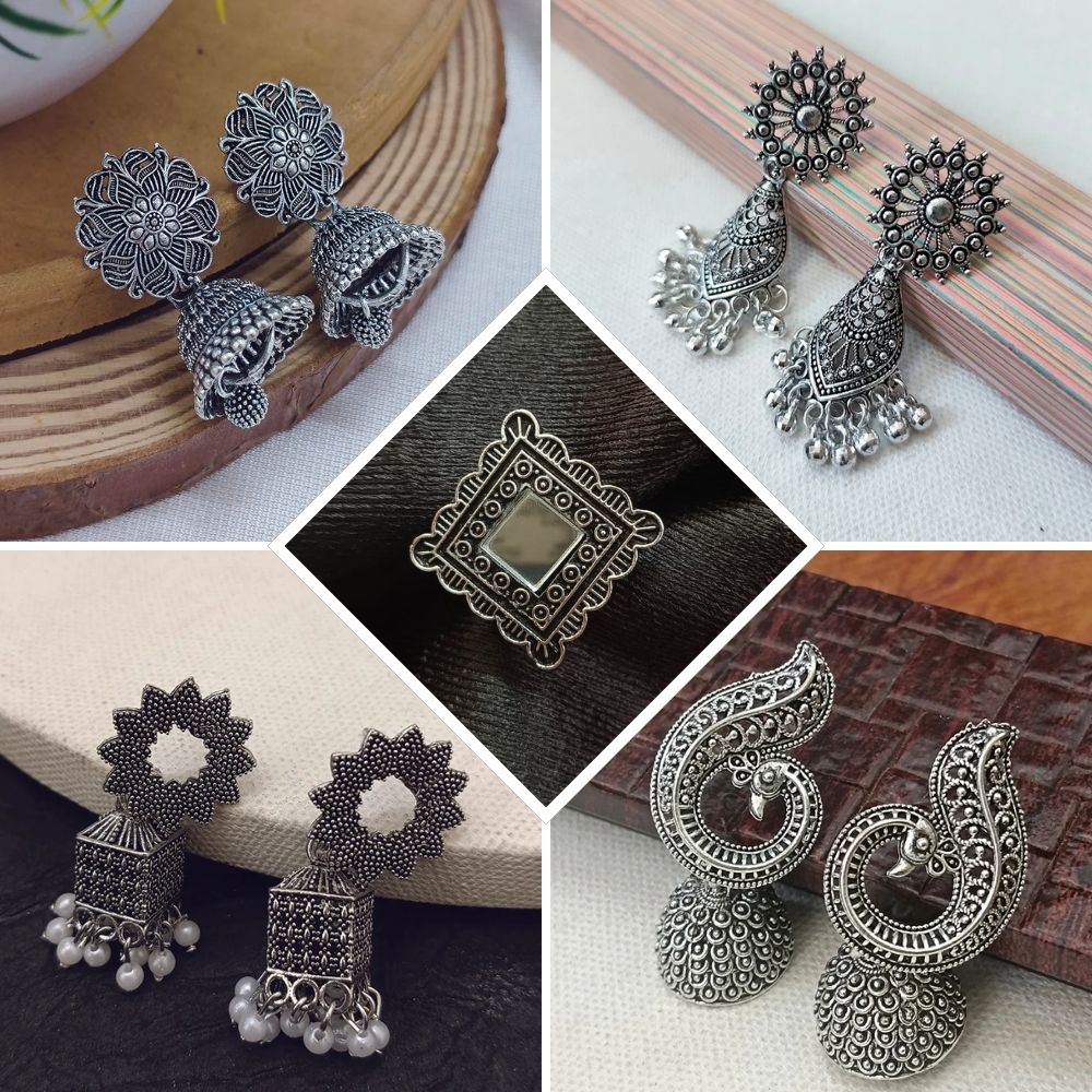 JewelMaze Ethnic Oxidised Earrings Combo (Pack of 4 Pairs plus one Assorted Finger Ring )