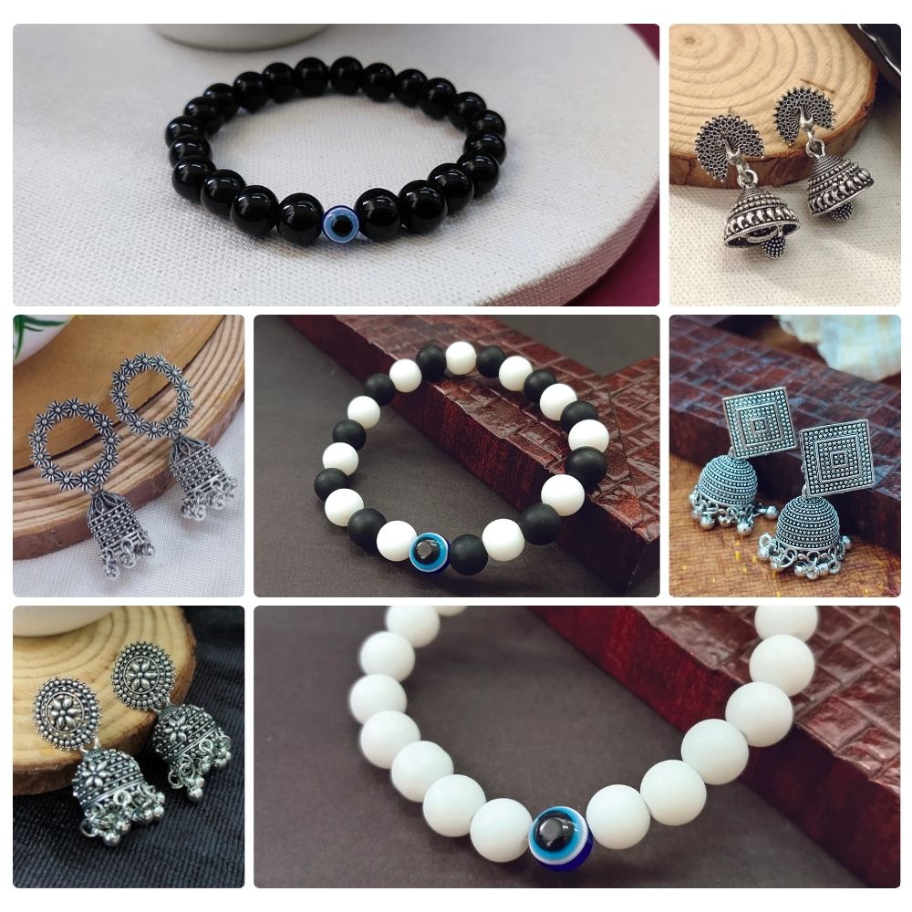 Jewelmaze Traditional Oxidised Earrings with Beads Bracelet Combo (Pack of 7)