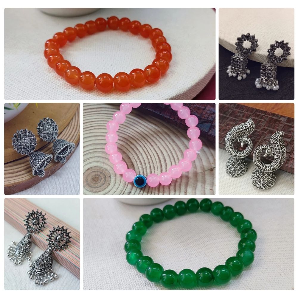 Jewelmaze Traditional Oxidised Earrings with Beads Bracelet Combo (Pack of 7)
