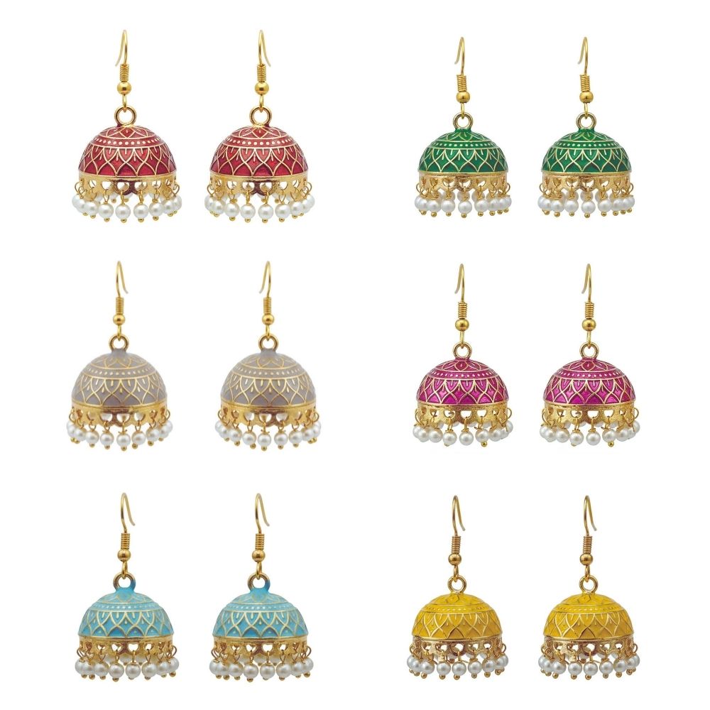 Jewelmaze Traditional Meenakari Jhumki Earrings Combo – 6 Pairs Set