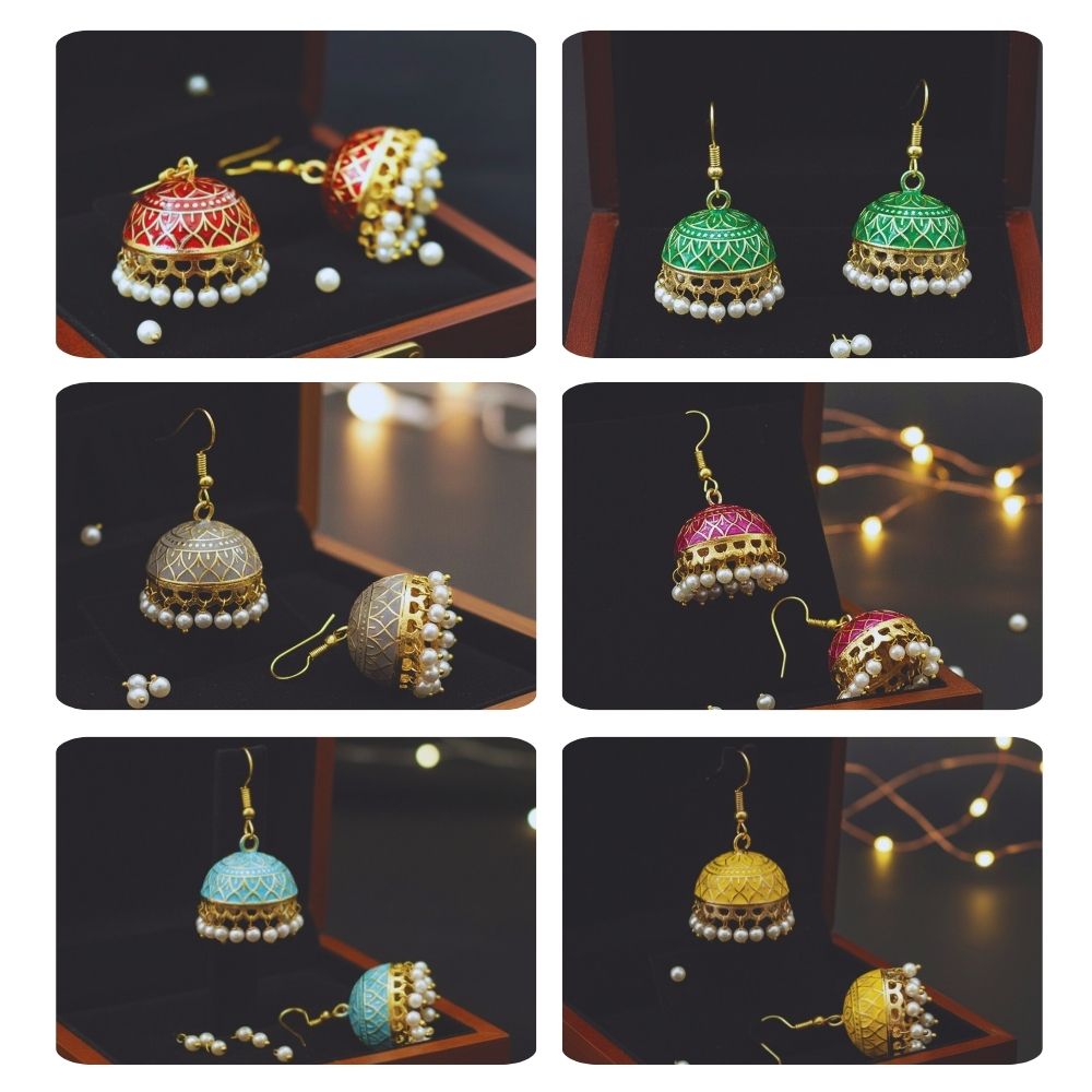 Jewelmaze Traditional Meenakari Jhumki Earrings Combo – 6 Pairs Set