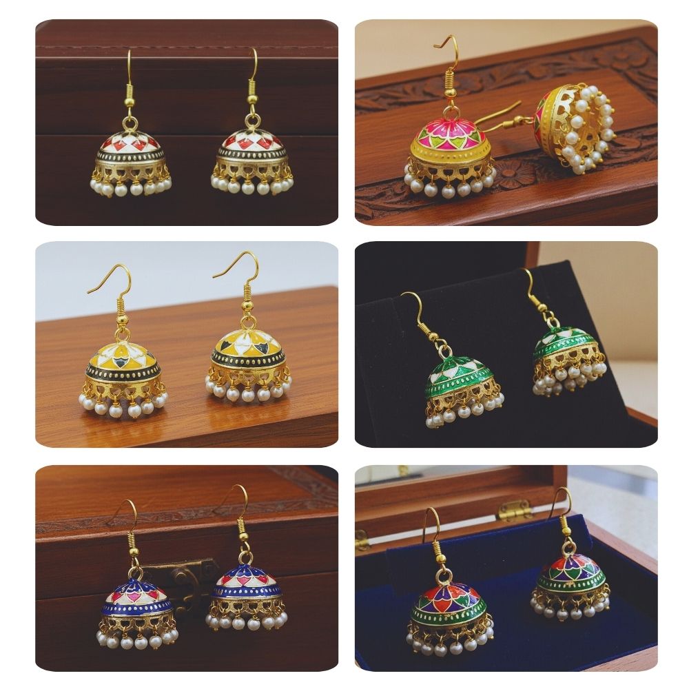 Jewelmaze Traditional Assorted Meenakari Jhumki Earrings Combo – 6 Pairs Set