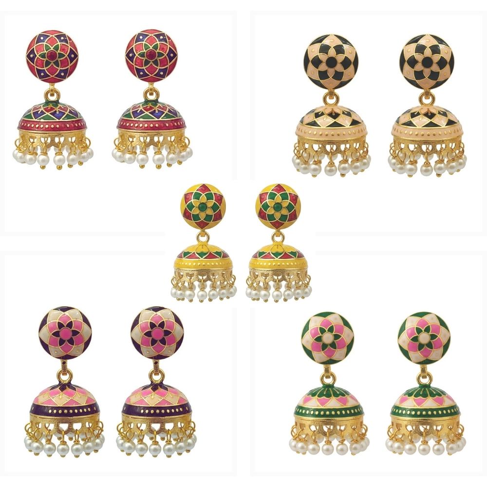 Jewelmaze Traditional Assorted Meenakari Jhumki Earrings Combo – 5 Pairs Set