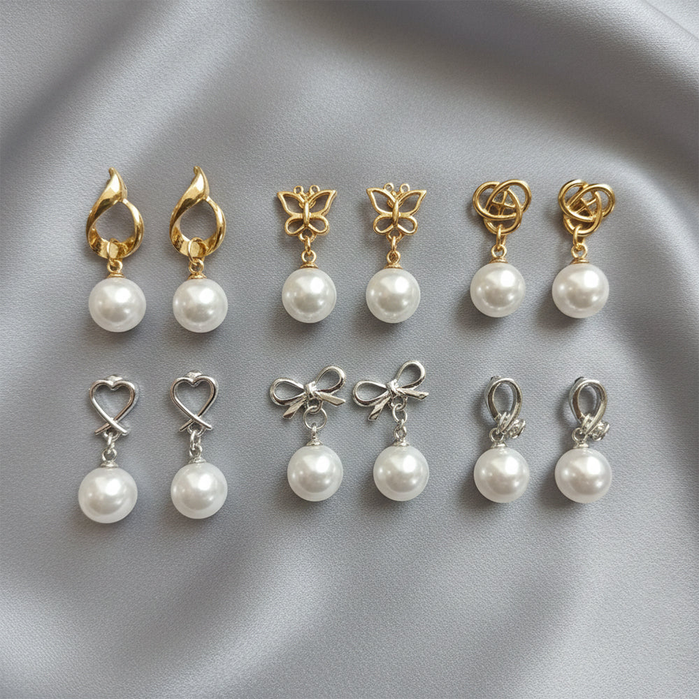 JewelMaze Set of 6 Gold And Silver Plated Pearl Drop Earrings Combo