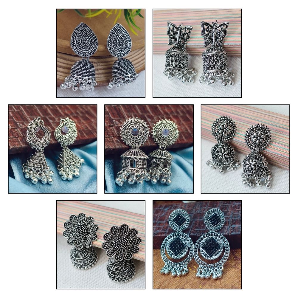 JewelMaze Set Of 7 Oxidised Earrings Combo
