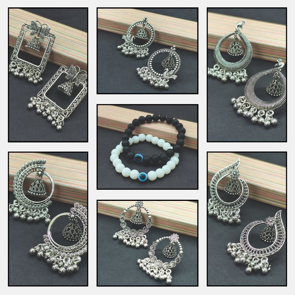 JewelMaze Set Of 6 Oxidised Earrings & 2 Bracelets Combo