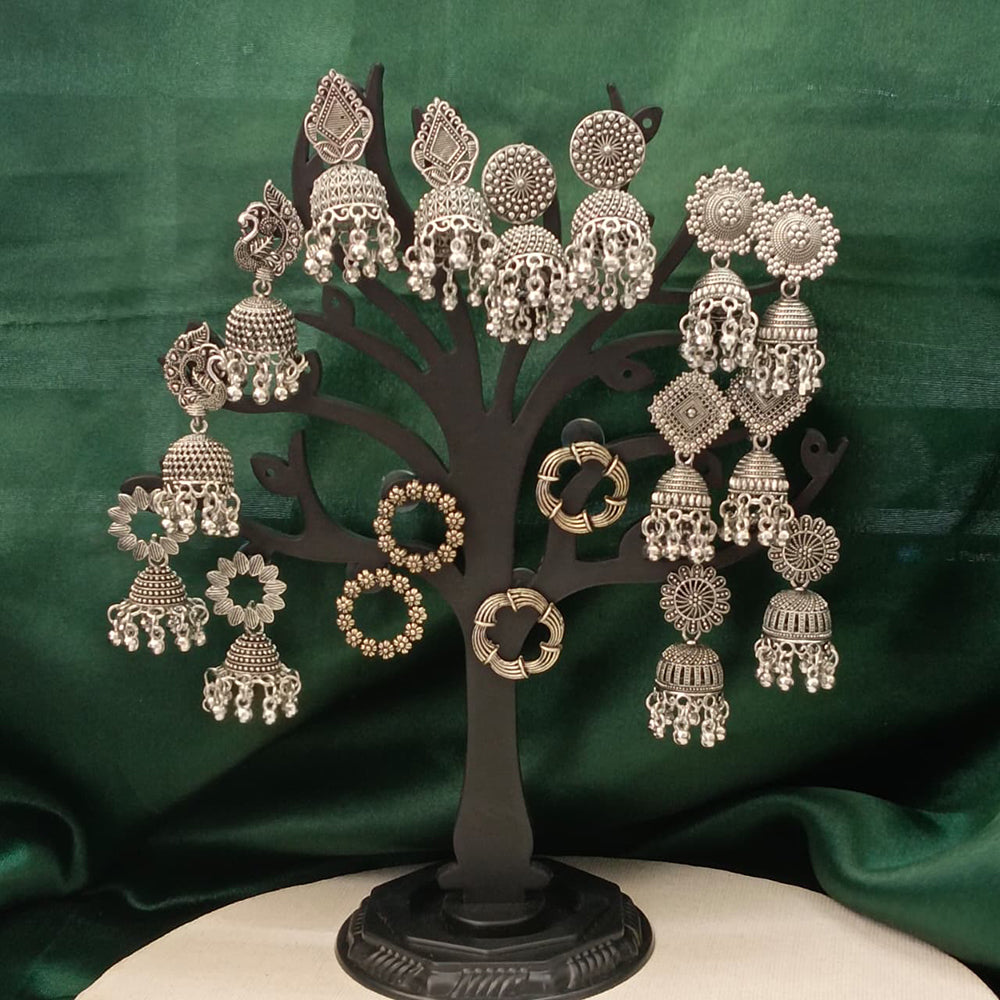 JewelMaze Set of 9 Oxidised Earrings Combo With Tree Stand