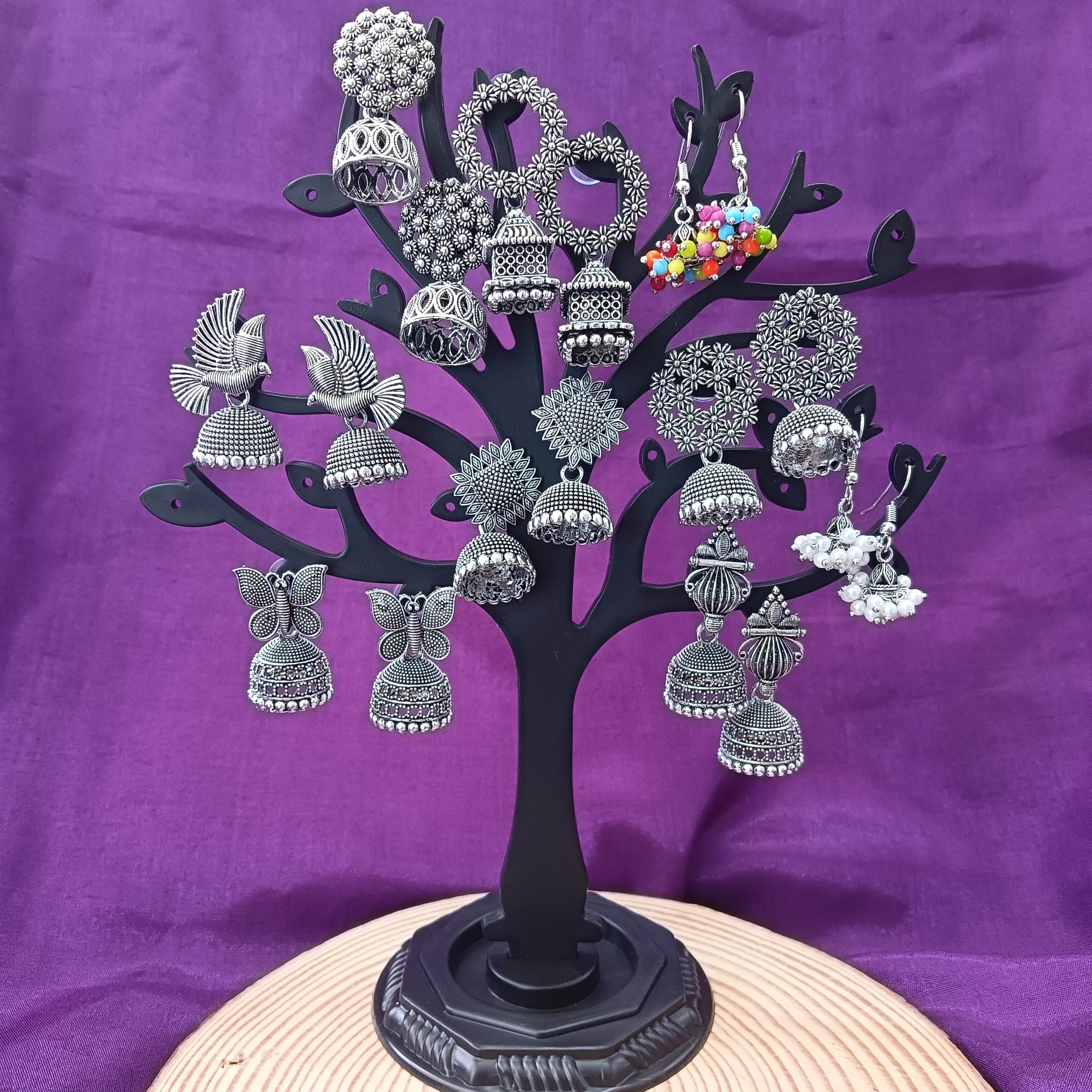 JewelMaze Set of 9 Oxidised Earrings Combo With Tree Stand