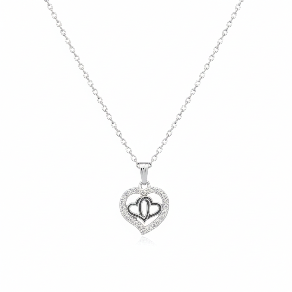 JewelMaze Silver Plated Heart Chain Pendant Earrings Rings And Bracelet Jewellery Combo Set