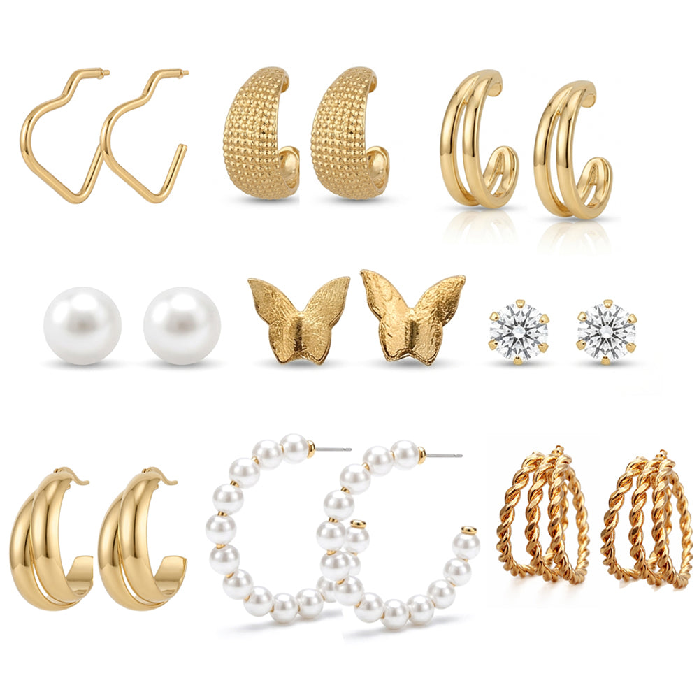 JewelMaze Set Of 9 Korean Style Gold Plated Earrings Combo