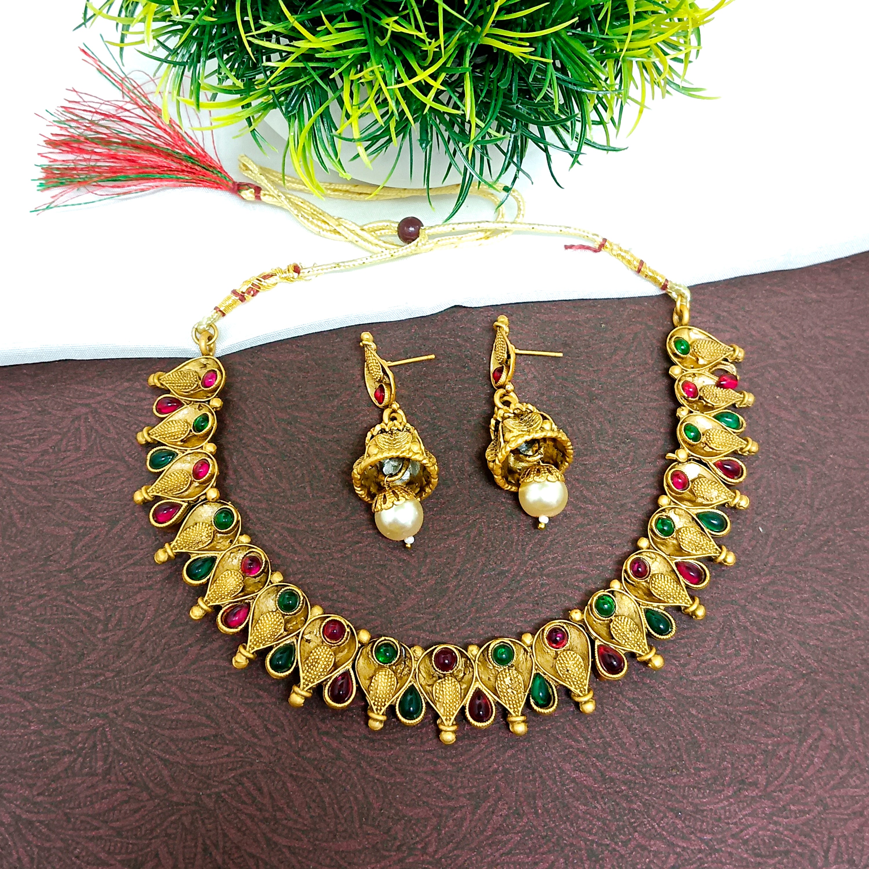 Bhavi Jewels Gold Plated Kundan Pota Stone Necklace Set