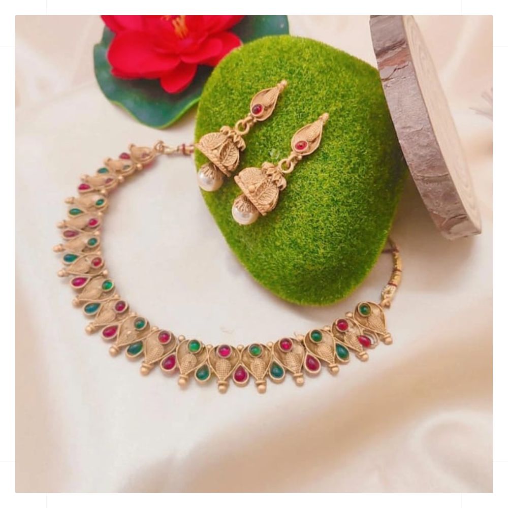 Bhavi Jewels Gold Plated Kundan Pota Stone Necklace Set