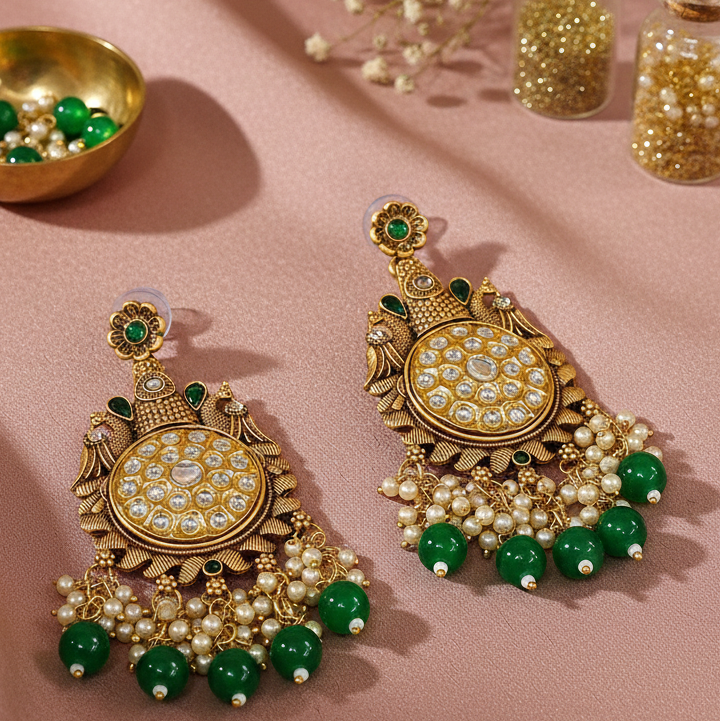 Jewelmaze Copper Finish Kundan & Pearl Dangler Earrings for Women