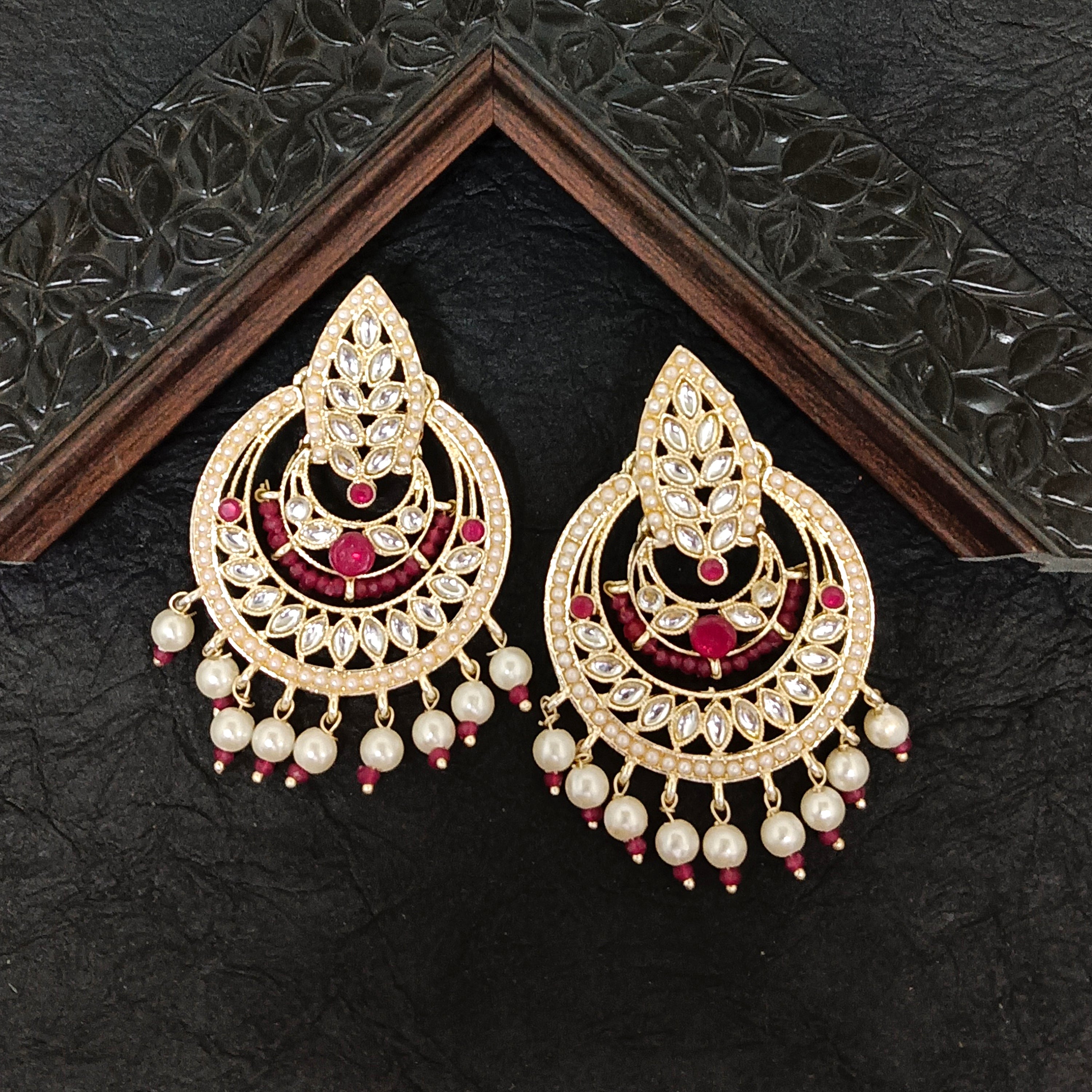 Jewelmaze Gold Finish Kundan & Pearl Dangler Earrings