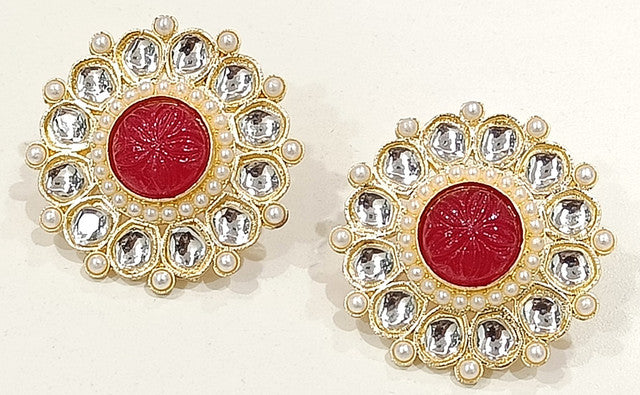 JewelMaze Gold Plated Kundan Stone Stud Earrings - 10161105RD