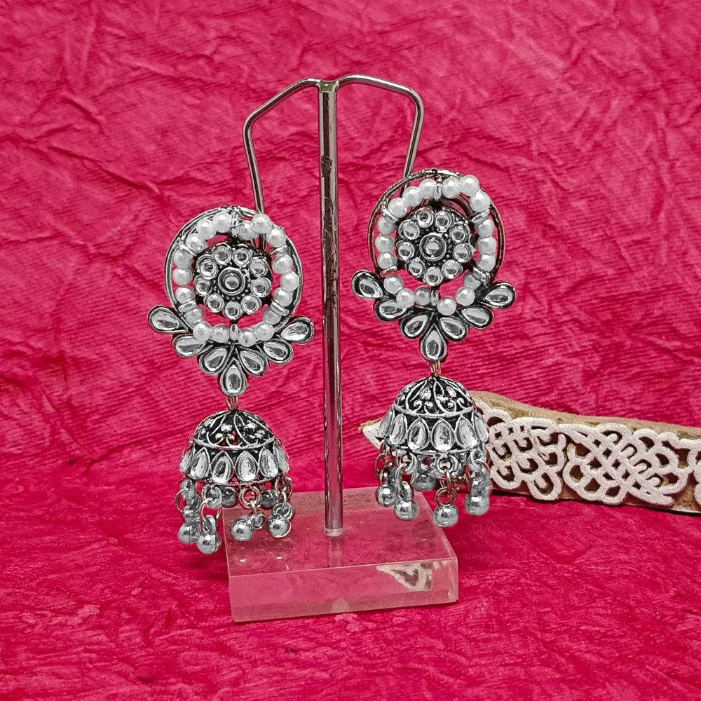 JewelMaze Oxidised Plated Kundan Work Jhumki Earrings - 10161120OX