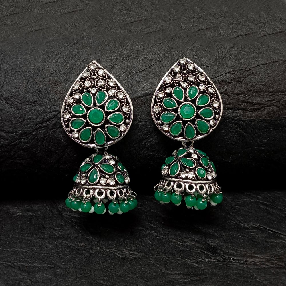 JewelMaze Oxidised Plated Kundan Jhumki Earrings - 10161140GR
