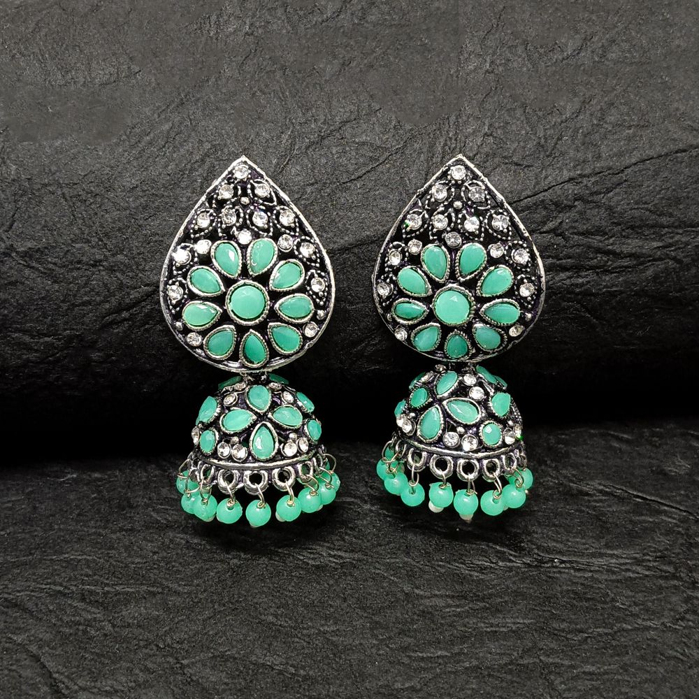 JewelMaze Oxidised Plated Kundan Jhumki Earrings - 10161140MG