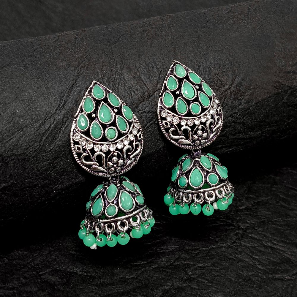 JewelMaze Oxidised Plated Kundan Jhumki Earrings - 10161141MG