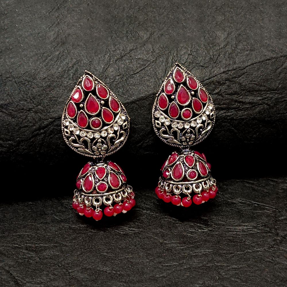 JewelMaze Oxidised Plated Kundan Jhumki Earrings - 10161141PK