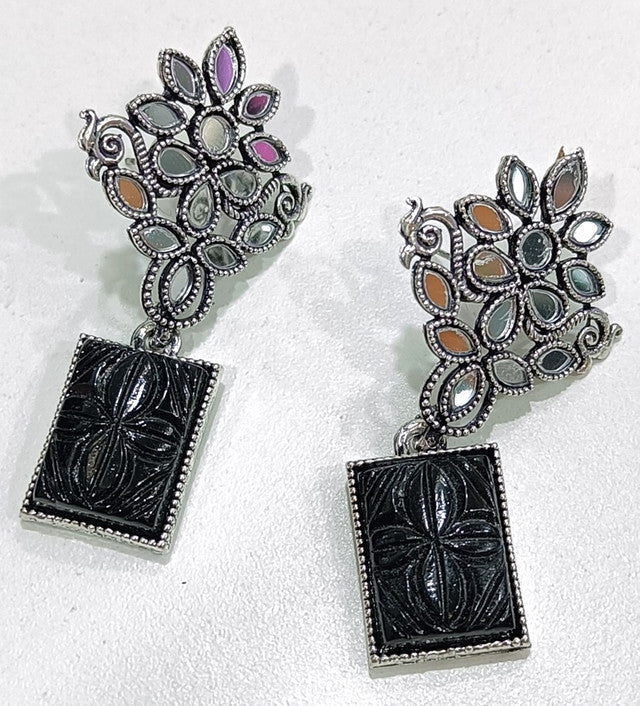 JewelMaze Mirror Oxidised Plated Dangler Earrings - AZO-MA23ER01200123_BK - 10161144BL
