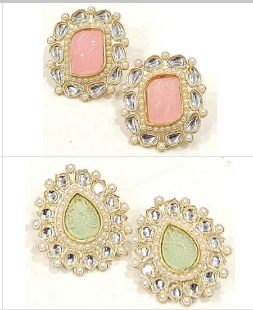 JewelMaze Gold Plated Kundan Stone Stud Combo - 10161150ML